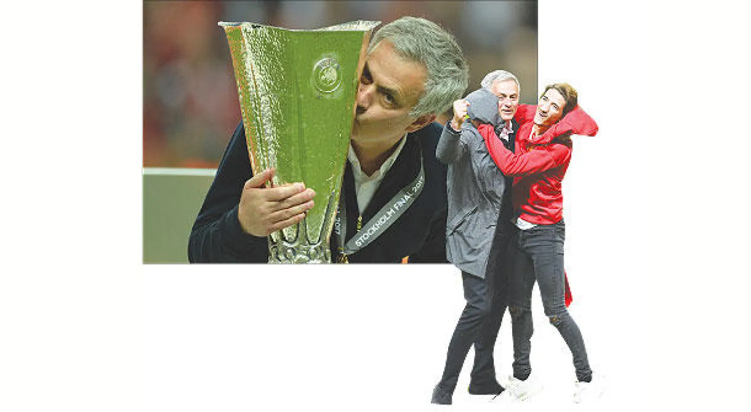 مورينيو يحتفل مع ابنه بعد تخطي أياكس (إ.ب.أ) - مورينيو يقبّل الكأس التي أنقذت موسمه (إ.ب.أ)