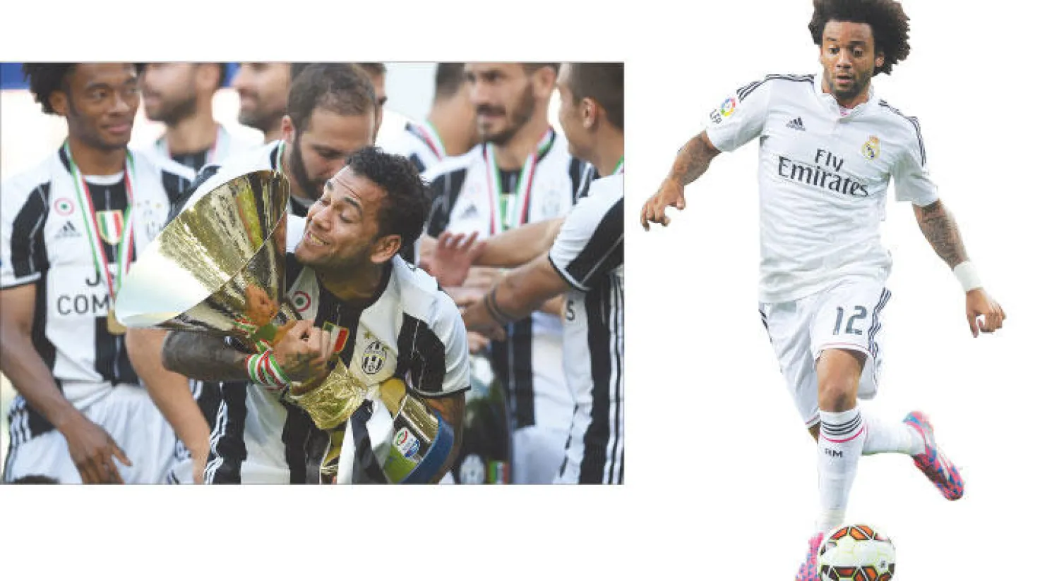 مارسيلو لعب دوراً بارزاً في وصول الريـال للنهائي - ألفيس احتفل مع يوفنتوس بالفوز بثنائية الدوري والكأس في إيطاليا وينتظر نهائي دوري الأبطال (أ.ف.ب)