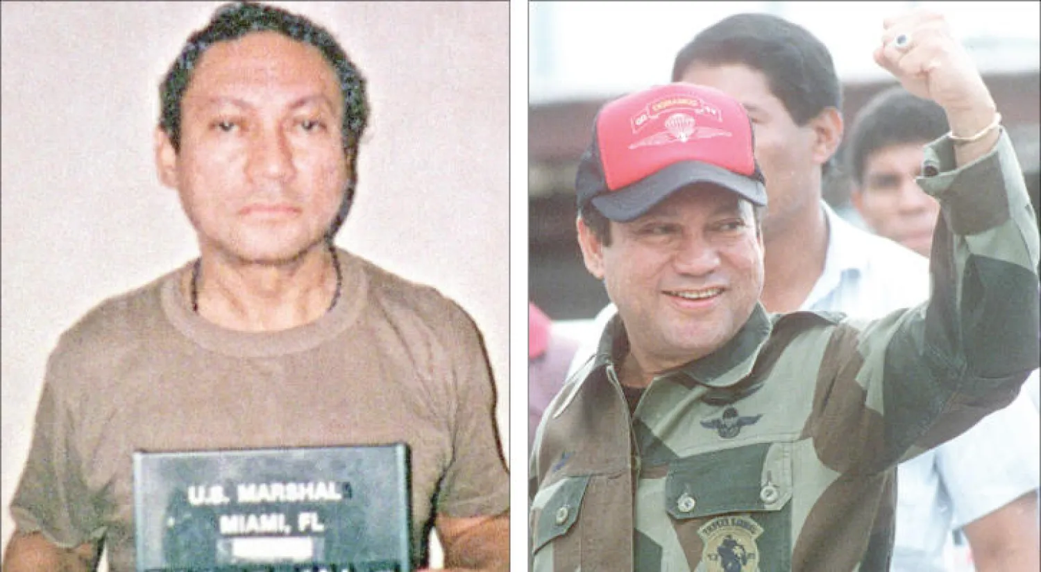 نورييغا في أكتوبر 1989... وفي يناير 1990 في محبسه بميامي (أ.ف.ب)