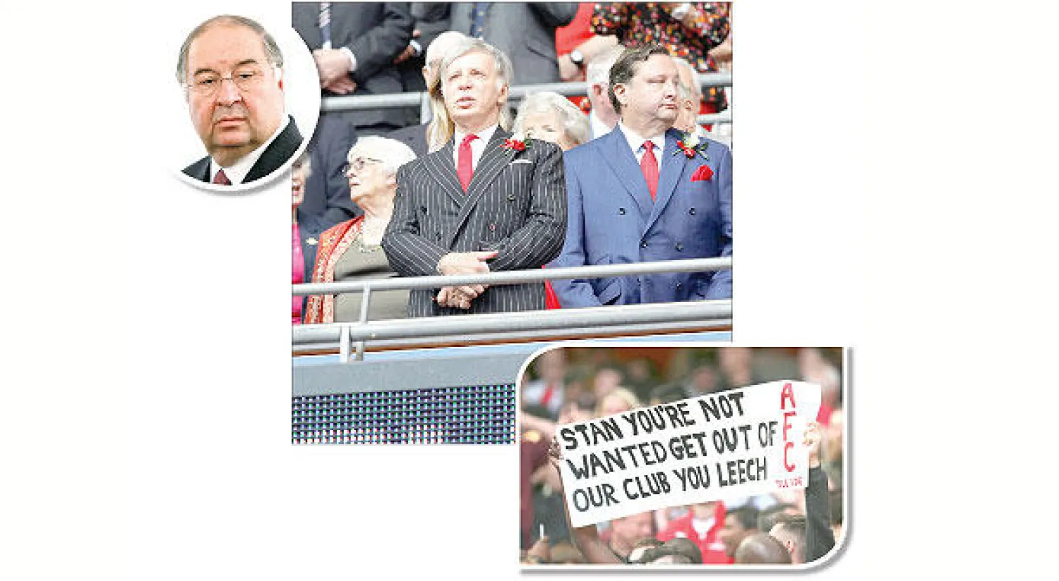 جماهير آرسنال ترفع لافتات مناهضة لرئيس النادي (رويترز) - كروينك مالك آرسنال لم يحضر مباراة الختامية للدوري باستاد الإمارات وظهر في نهائي الكأس (رويترز) - عثمانوف وعد بضخ مزيد من المال في حال امتلك الزمام في آرسنال (أ.ب)