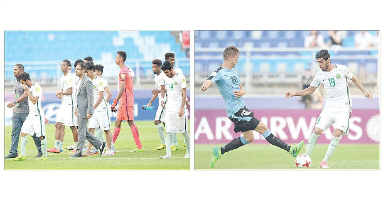 جانب من مباراة السعودية وأوروغواي - الحزن بدا واضحاً على لاعبي المنتخب السعودي فور خروجهم من المونديال (الاتحاد السعودي لكرة القدم)