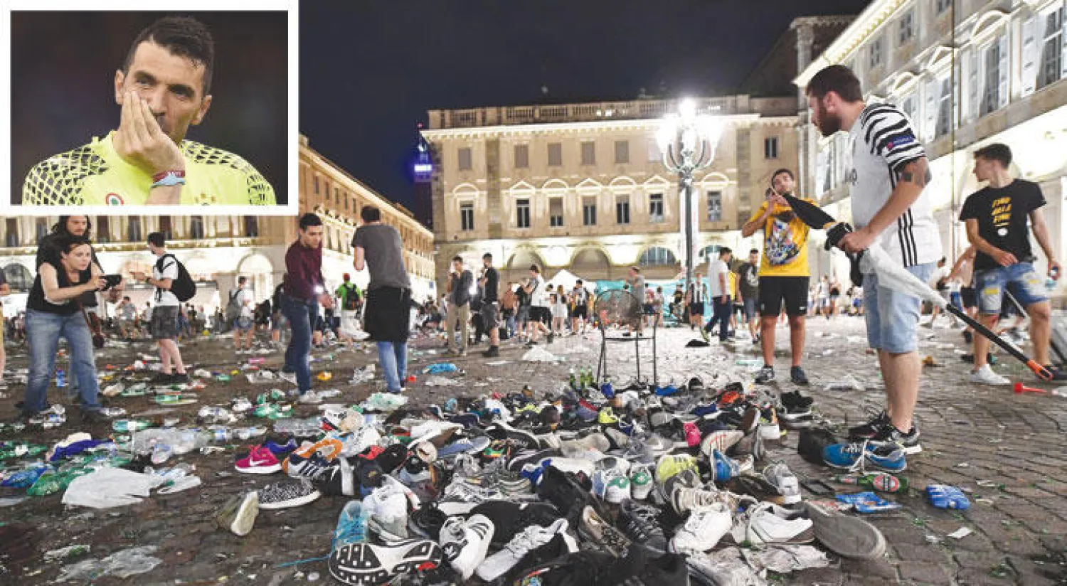 ساحة سان كارلو في تورينو مغطاة بالحطام والأحذية والحقائب جراء تدافع جماهير يوفنتوس (إ.ب.أ) - الحسرة على وجه بوفون قائد يوفنتوس (أ.ف.ب)