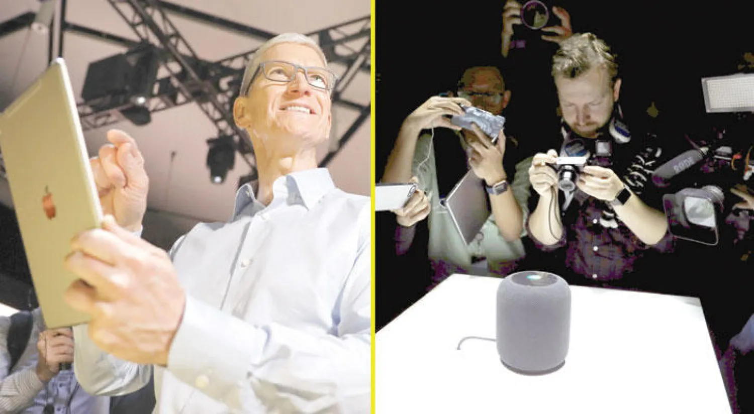 مصورون يلتقطون صوراً لمنتج «هومبود» أمس (رويترز)  -  تيم كوك أثناء عرضه أحد أجهزة «آيباد» الجديدة (رويترز)