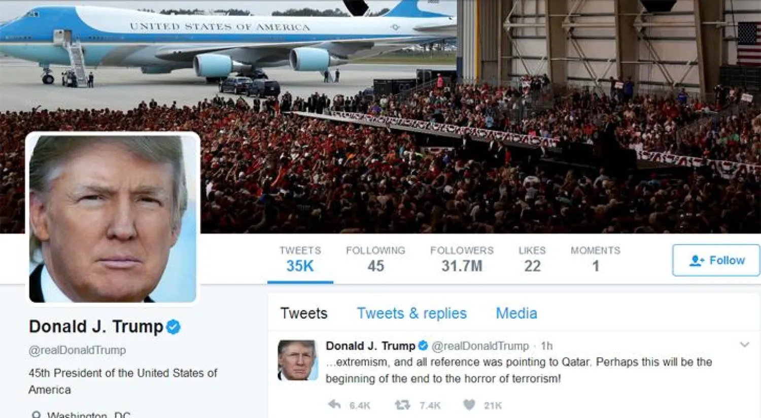 تغريدة ترمب على حسابه الشخصي في (تويتر)