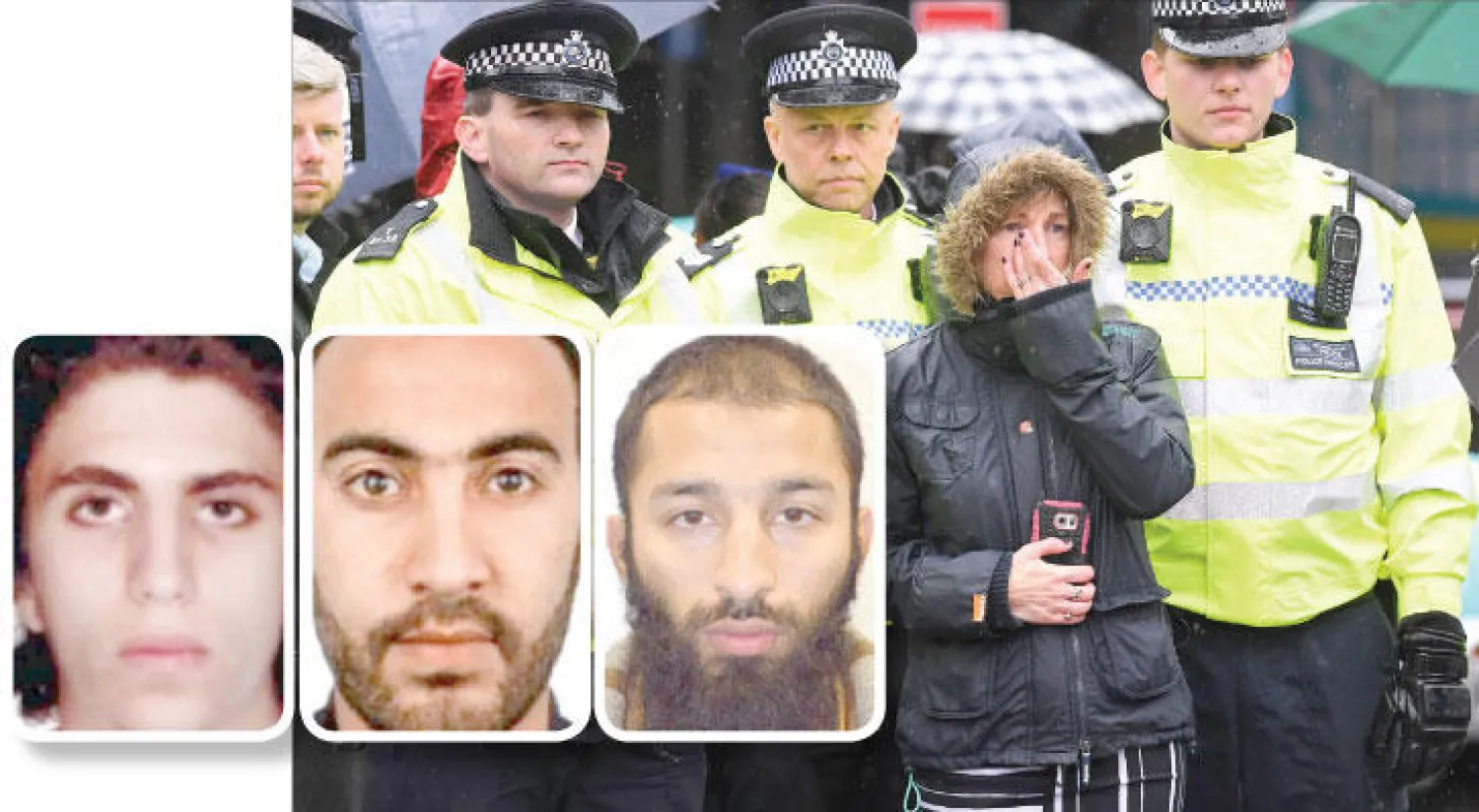 ضباط شرطة ومواطنون في دقيقة صمت أمس حدادا على ضحايا الهجوم الإرهابي على «جسر لندن» السبت الماضي (أ.ف.ب) - المهاجمون الثلاثة (بالترتيب) خورام شاه بات ورشيد رضوان والمغربي يوسف زغبة (اسكوتلنديارد)