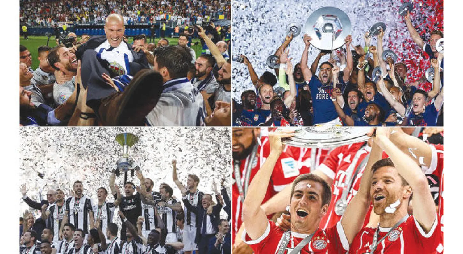 من اليمين إلى الشمال لاعبو موناكو الفرنسي وريال مدريد الإسباني وبايرن ميونيخ الألماني ويوفنتوس الإيطالي يحتفلون بحصد لقب الدوري في بلادهم