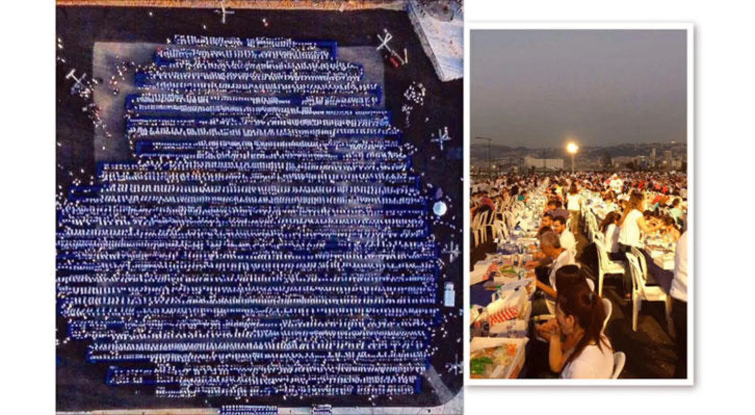 لقطة جوية لمائدة الإفطار التي صممت على شكل قلب.. وفي الاطار لبنانيون خلال الافطار  («الشرق الأوسط»)