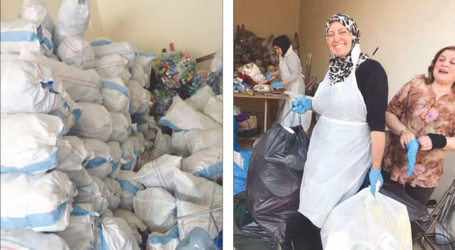 نساء بلدة كفر رمان الجنوبية يتشاركن في تجهيز النفايات الصلبة لإعادة تدويرها - أكياس النفايات المعدّة لإعادة تدويرها من قبل حملة «سوا منفرز» في بلدة كفر رمان