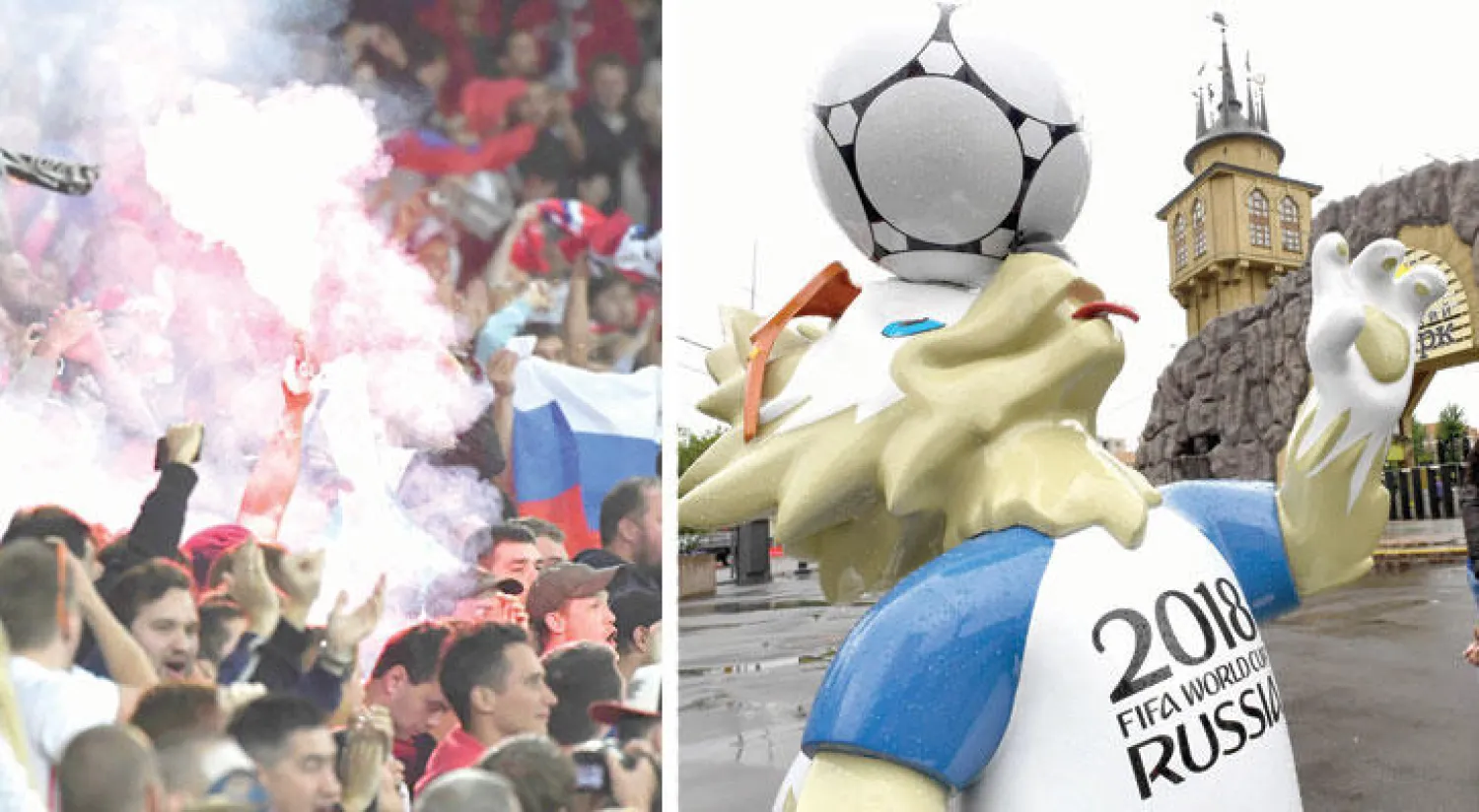 الذئب زابيفاكا تميمة كأس القارات ومونديال  2018 يروج للبطولة خارج أسوار حديقة حيوان موسكو (أ.ف.ب)  -  شغب جماهير روسيا في يورو 2016 هاجس يقلق منظمي كأس القارات (أ.ب)