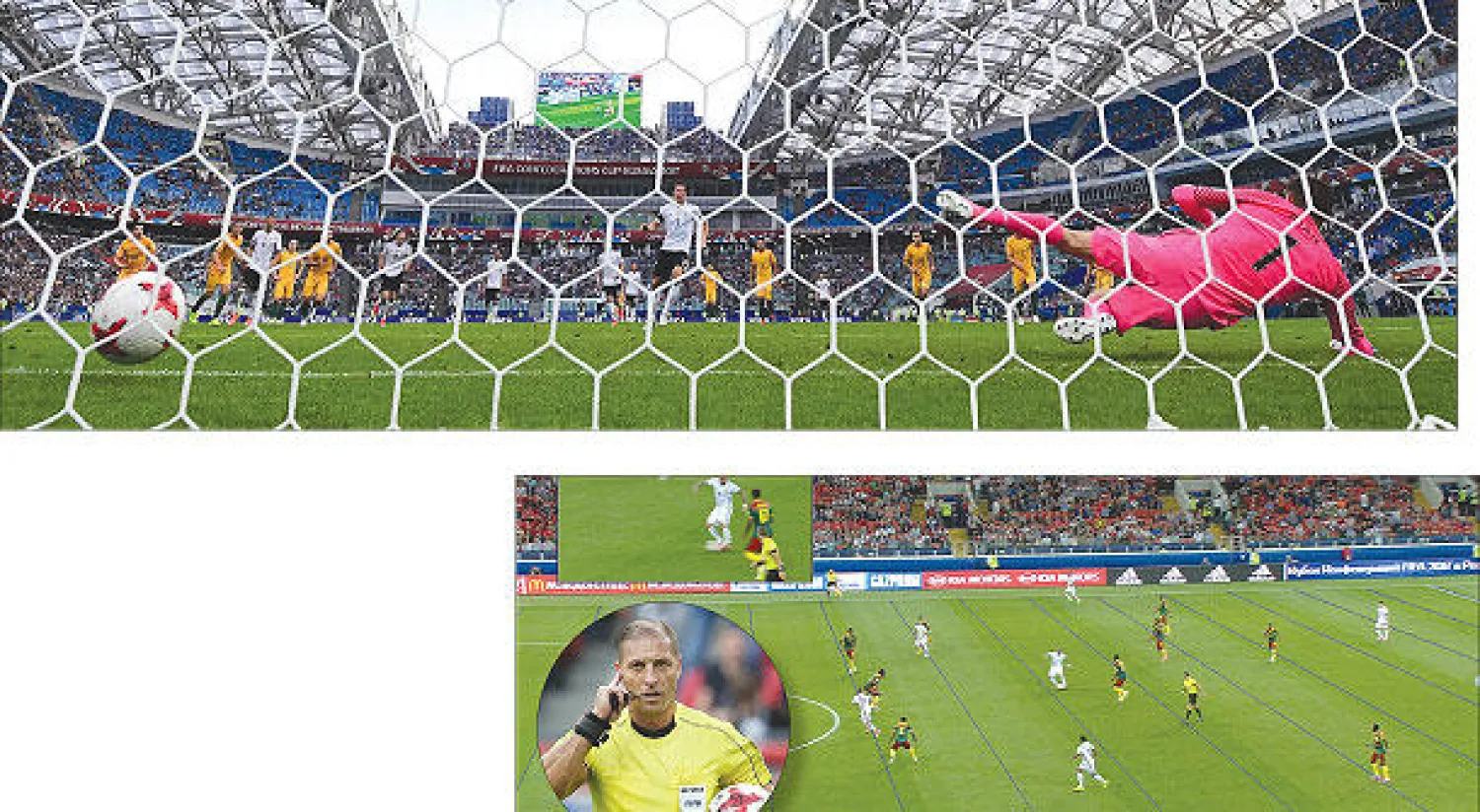 دراكسلر نجم المانيا يسجل من ركلة الجزاء هدف منتخب بلاده الثاني في مرمى استراليا  - إعادة الفيديو كانت وراء اكتشاف حالة تسلل وإلغاء هدف لتشيلي في مرمى الكاميرون (إ.ب.أ) ..  وفي الإطار بيتانا حكم مباراة البرتغال والمكسيك ينتظر قرار حكم الفيديو (رويترز)