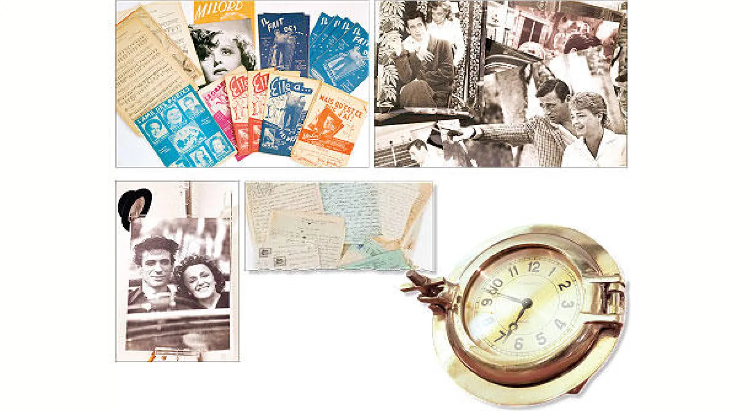 مونتان وسينوريه أشهر ثنائيات السينما الفرنسية - «نوت» موسيقية من متعلقات الممثل الفرنسي إيف مونتان والمغنية إديث بياف (أ.ف.ب) - ساعة من تركة الممثل إيف مونتان من تصميم جايغر لو كوتر ضمن المعروضات  - رسائل حب مونتان وإديث بياف - صورة تجمع أديث مونتان مع إديث بياف ضمن معروضات المزاد (أ.ف.ب)