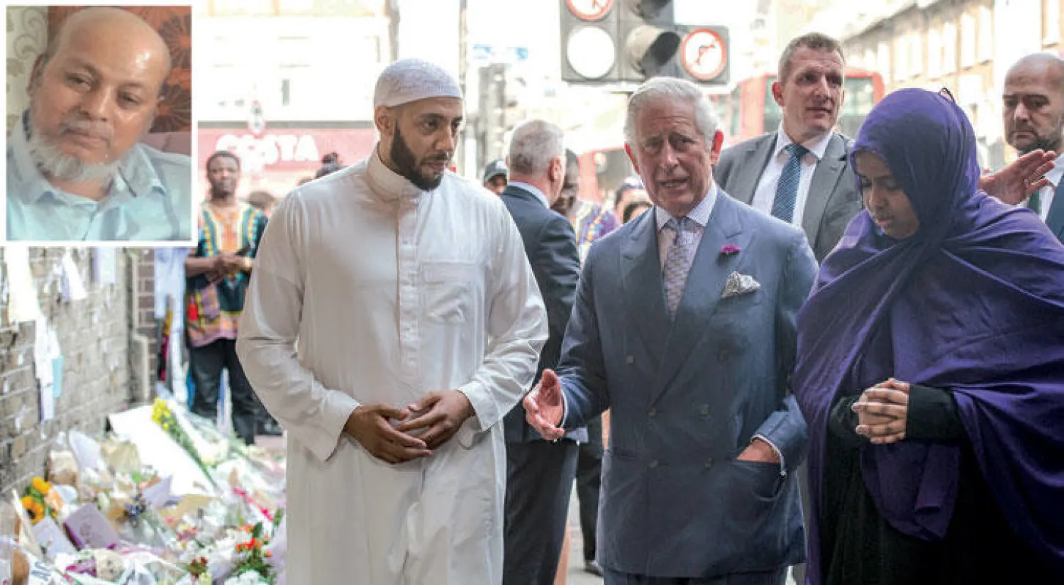 ولي العهد البريطاني الأمير تشارلز خلال زيارته مسجد فنزبري بارك أول من أمس (رويترز) ...وفي الإطار صورة ضحية حادث الدهس مكرم علي التي أفرج عنها أمس (أ.ف.ب)