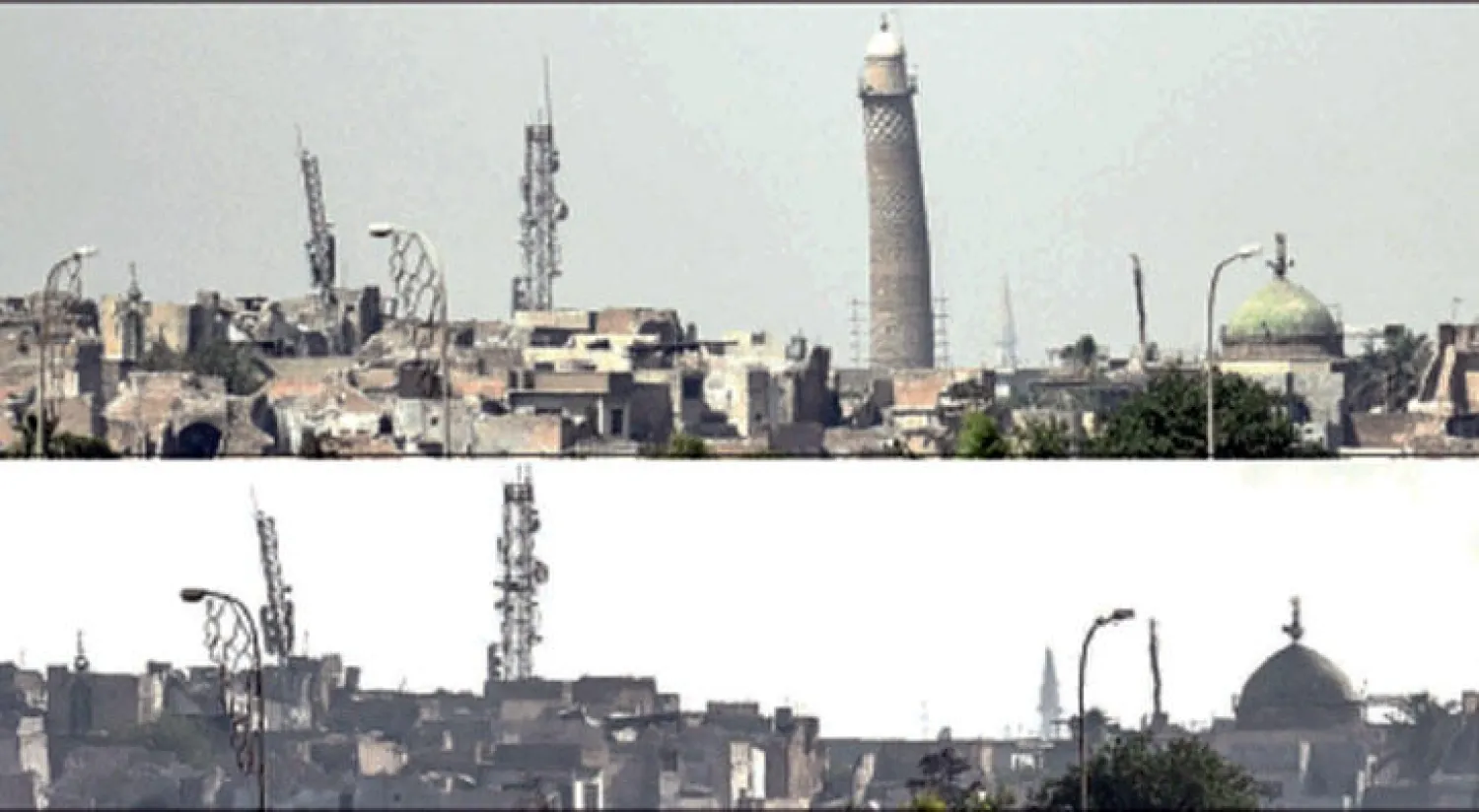 صورتان للمدينة القديمة في الموصل واحدة تظهر فيها منارة الحدباء التقطت الثلاثاء الماضي والأخرى من دون المنارة بعد تفجيرها من قبل «داعش» (أ.ف.ب)
