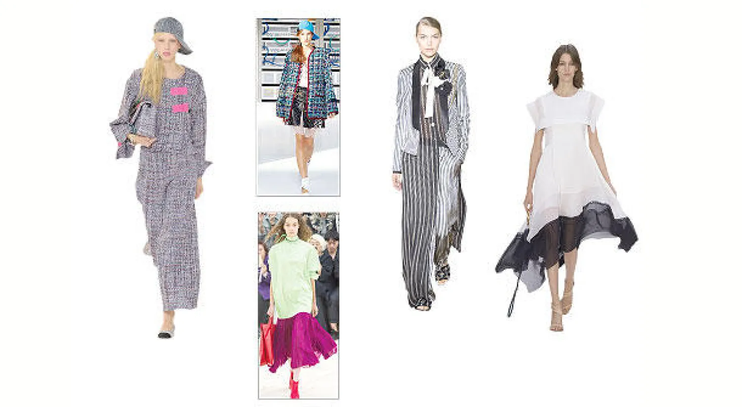 من عرض دار «كلوي» التي أسستها مدام غابي أغيون في الخمسينات - من عرض دار «لانفان» - من عرض «شانيل» لهذا الموسم - من عرض دار «سيلين» التي تأسست منذ عقود وتتولى تصميمها فيبي فيلو حالياً - من عرض «شانيل» لربيع وصيف 2017