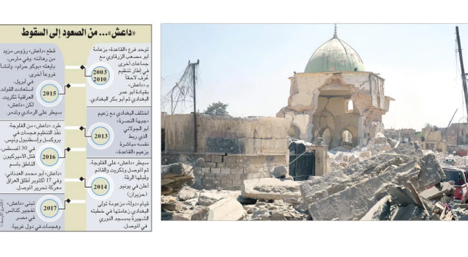 جامع النوري المدمر في الموصل القديمة بعد استعادته من قبل القوات الحكومية أمس (أ.ف.ب)