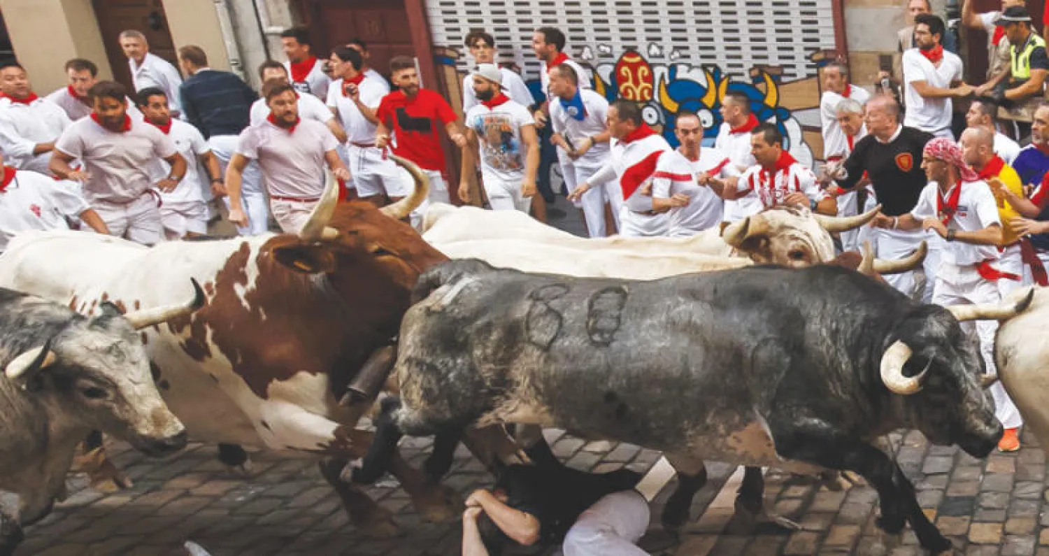 يرجع مهرجان سان فريمين إلى العصور الوسطى ويشمل بالإضافة لركض الثيران مواكب دينية ورقصات شعبية وحفلات موسيقية (أ.ف.ب)