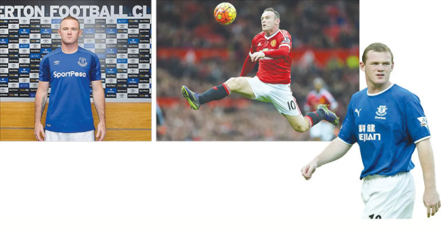 روني في بداياته مع ايفرتون (الشرق الاوسط) - روني سيترك قلعة يونايتد بعد 13 عاما من الانجازات (ا ب ا) - روني يعود لارتداء قميص ايفرتون امس بعد توقيع العقد (الشرق الاوسط)