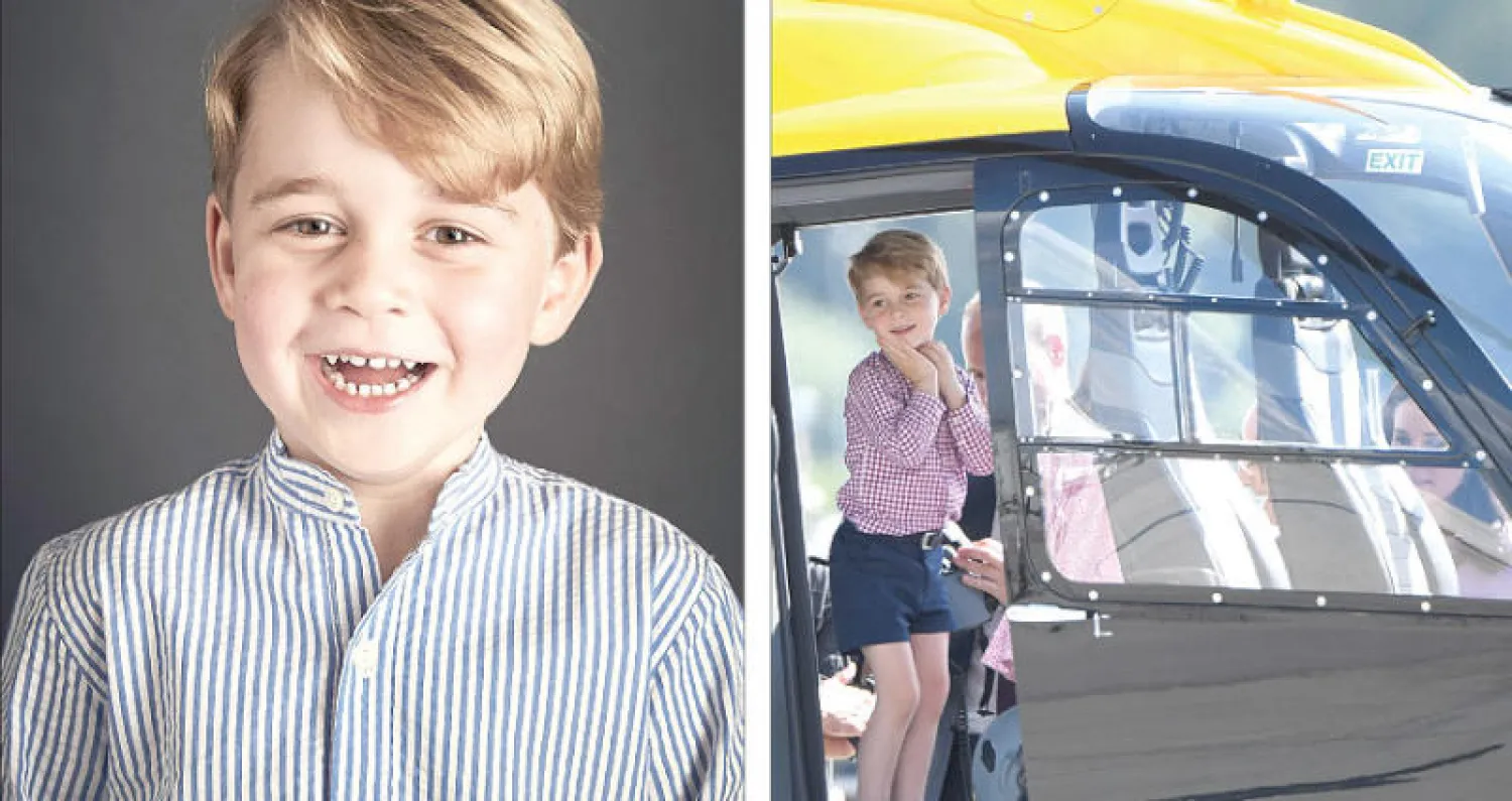 الأمير جورج يبدي سعادته بركوب طائرة هليكوبتر مع والده الأمير ويليام في مجمع طائرات إيرباص في هامبورغ أول من أمس (أ.ف.ب) - صورة رسمية جديدة للأمير جورج  بمناسبة الاحتفال بعيد ميلاده الرابع (إ.ب.أ)