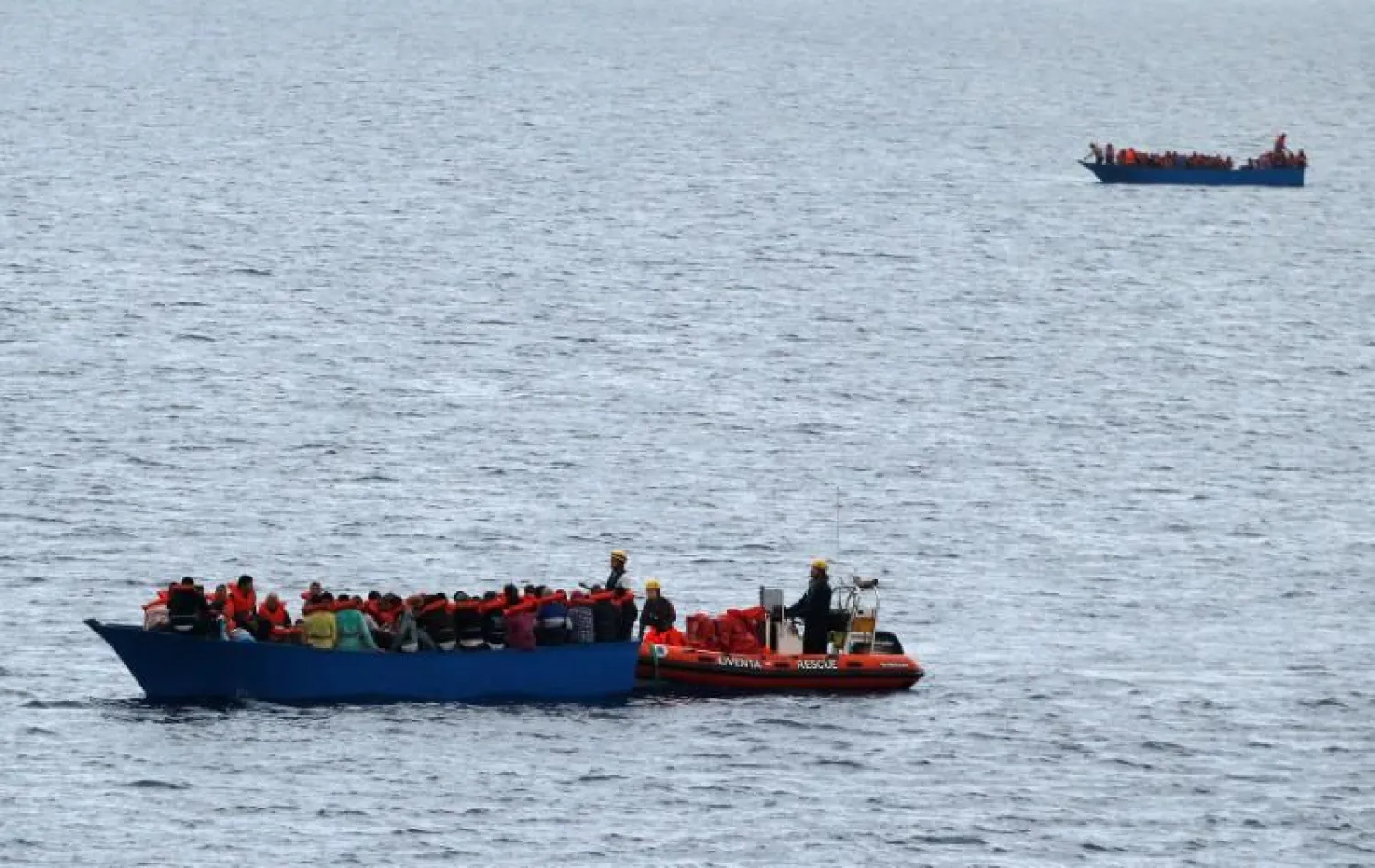 Migrants on a wooden boat are rescued by German NGO Jugend Rettet ship "Juventa" crew in the Mediterranean sea off Libya coast, June 18, 2017. Picture taken on June 18, 2017.
