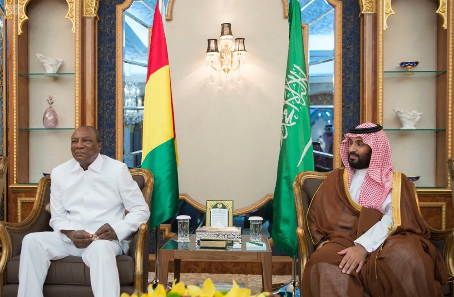 Vice Custodian of the Two Holy Mosques Prince Mohammed bin Salman meets with Guinea President Alpha Conde in Jeddah. (SPA)