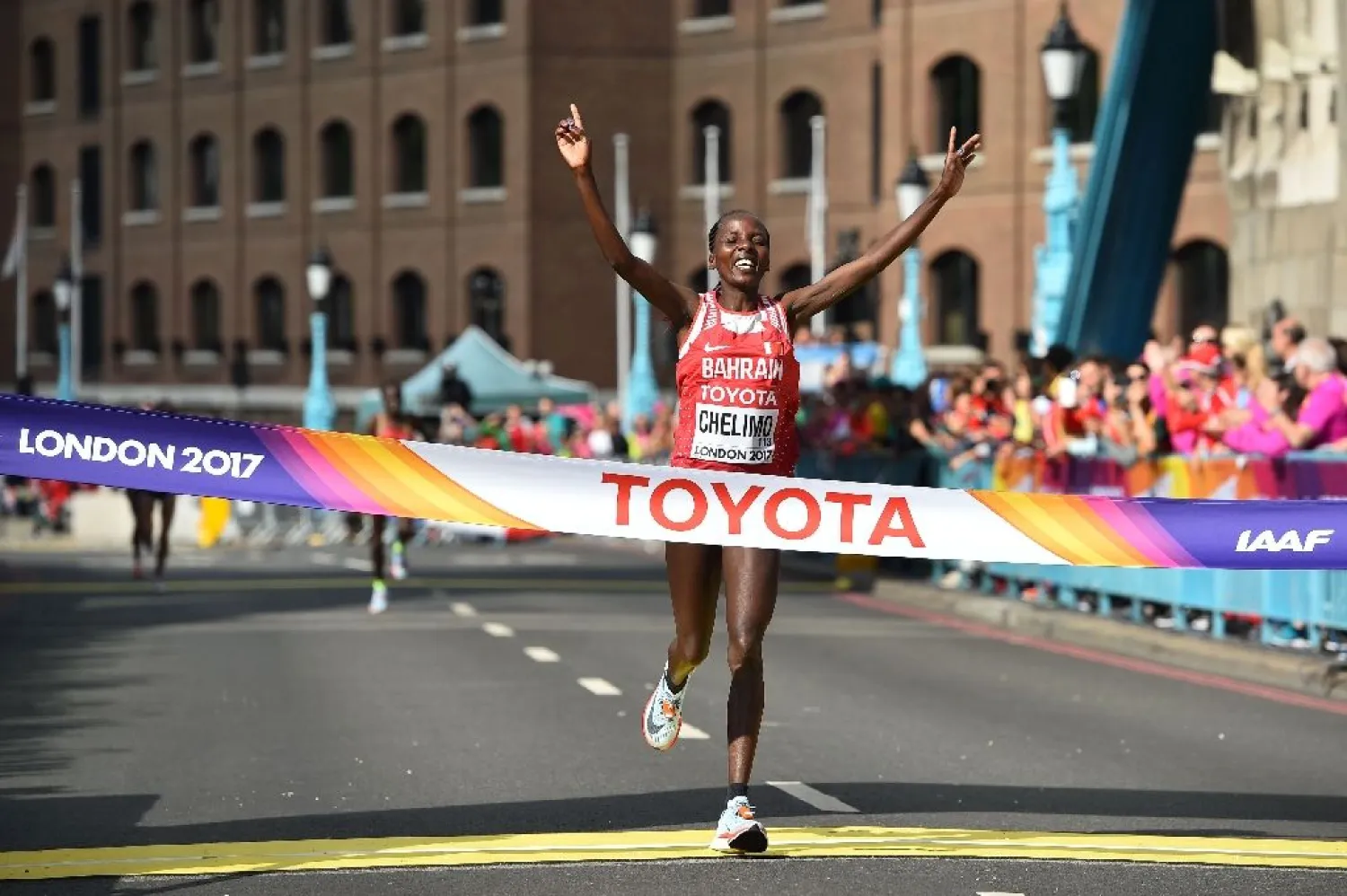 Bahrain's Rose Chelimo wins the women's marathon at the 2017 IAAF World Championships in central London on August 6, 2017. (AFP)