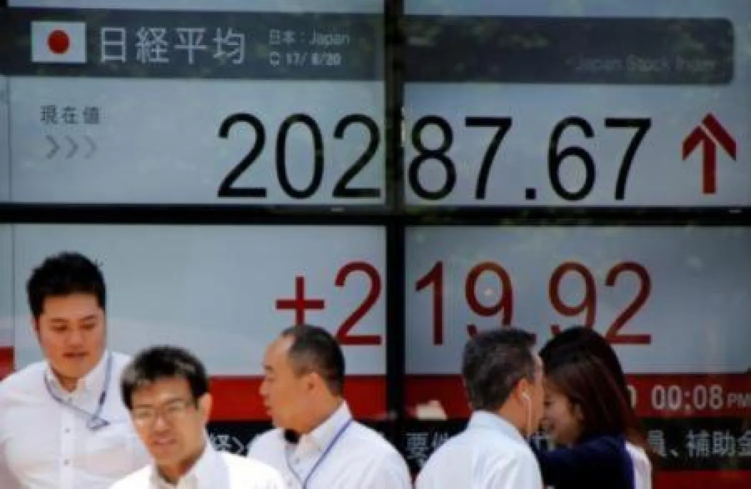 أشخاص يسيرون أمام لوحة إلكترونية تعرض مؤشر «نيكي» في طوكيو (رويترز)