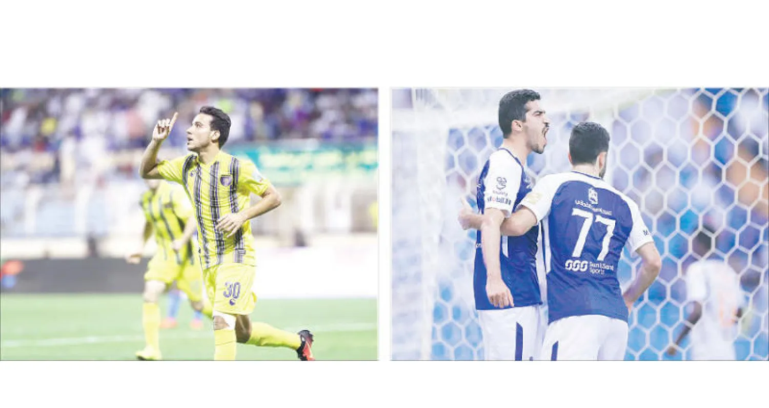 مدافع الهلال عبد الله الحافظ يحتفل بهدفه في مرمى الفيحاء - المصري مصطفى فتحي يحتفل بهدفه الأول مع فريقه التعاون (تصوير: عيسى الدبيسي)