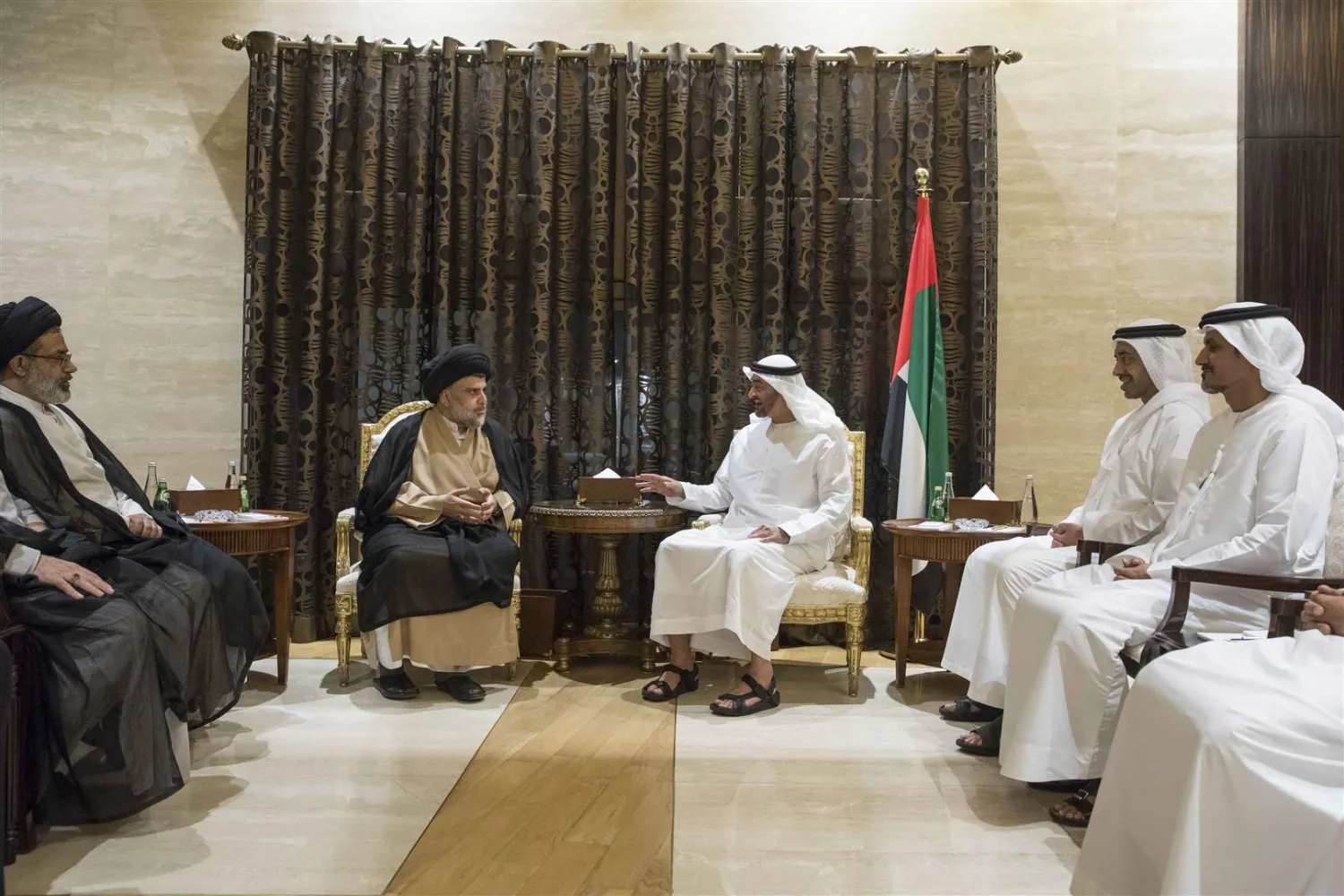 Sheikh Mohamed bin Zayed Al Nahyan, Crown Prince of Abu Dhabi and Deputy Supreme Commander of the UAE Armed Forces (center R), meets with Muqtada Al Sadr (center L). WAM