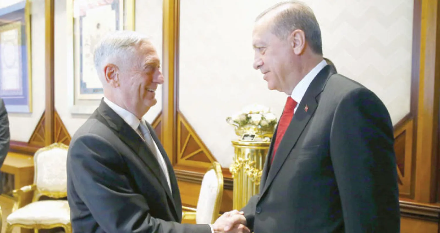 إردوغان يصافح ماتيس في أنقرة أمس (إ.ب.أ)