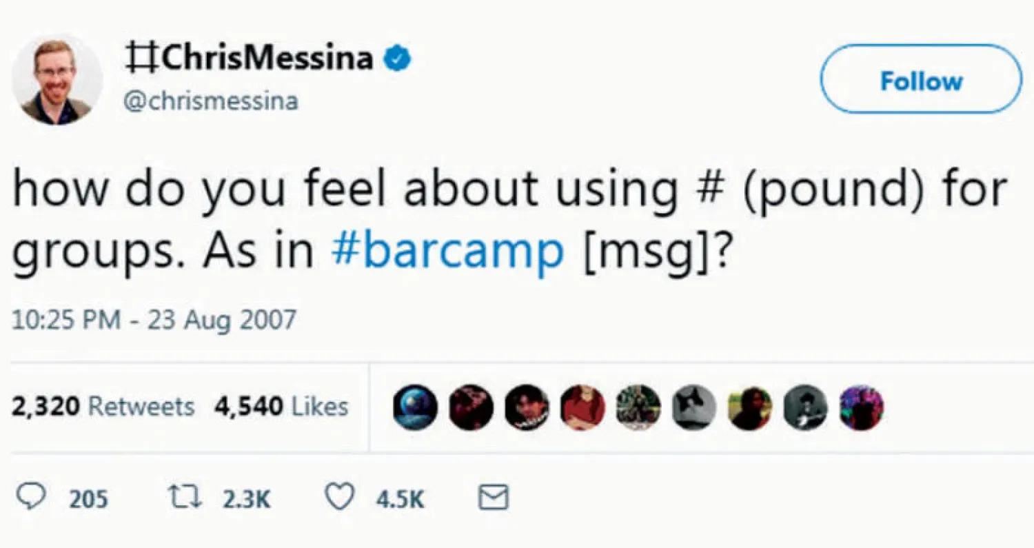 كريس ميسينا أحد مستخدمي «تويتر» هو أول من استخدم رمز الهاشتاغ في الموقع