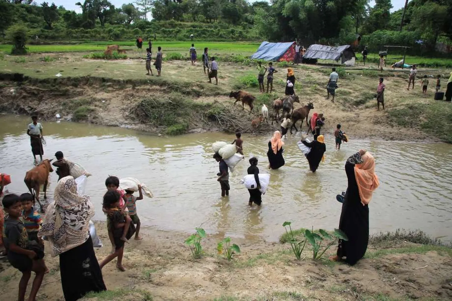 Rohingya refugees head back to Myanmar as border guards prevent them from entering Bangladeshi territory near Ukhiya. (AFP)