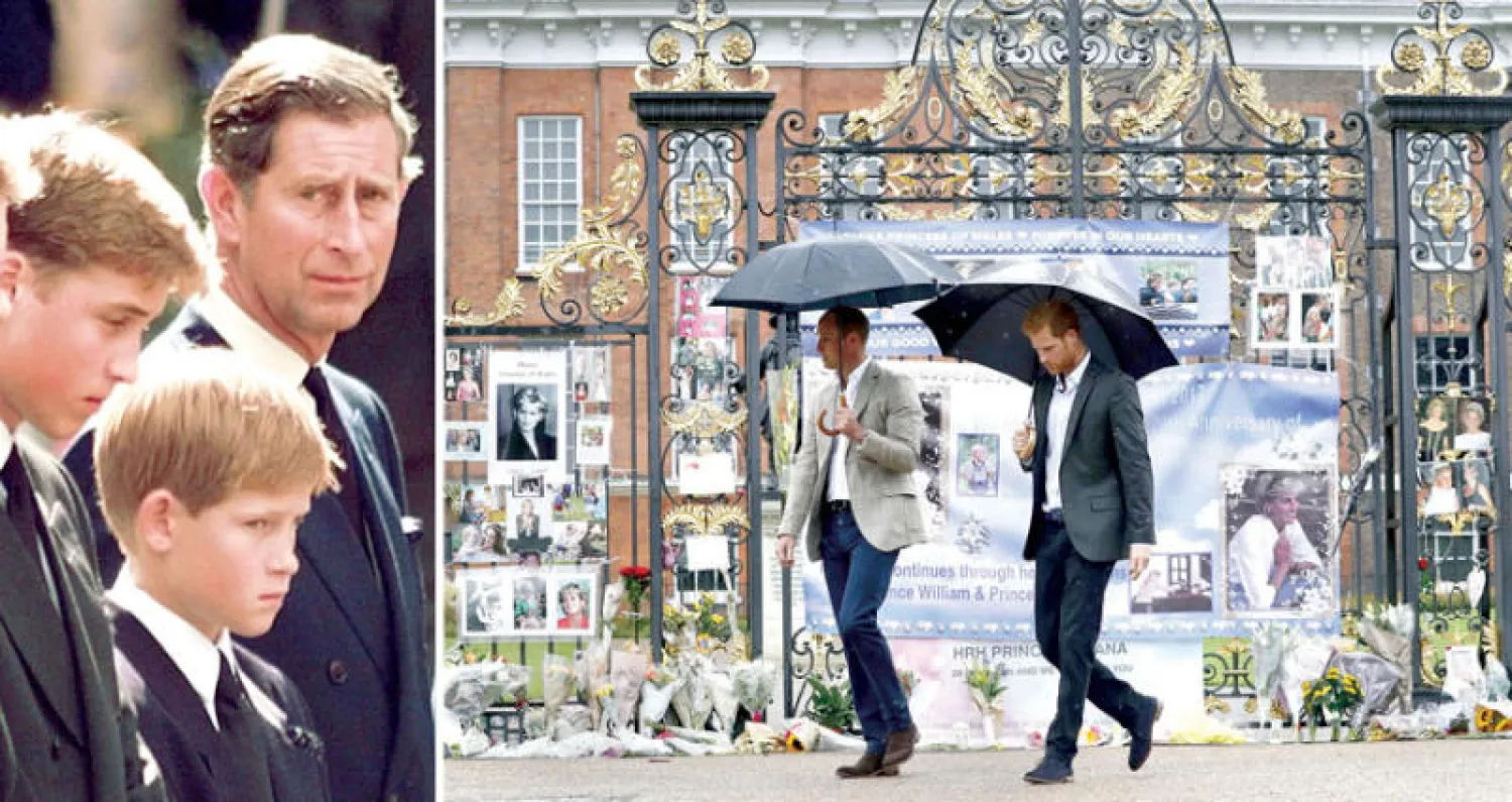 الأميران ويليام وهاري يتفقدان الزهور والصور التي تركها محبو الأميرة الراحلة على بوابة قصر كنزنغتون في الذكرى العشرين لرحيلها (أ.ف.ب)  -   الأميران بصحبة والدهما الأمير تشارلز  بعد وفاة ديانا في1997 أمام قصر كنزنغتون (أ.ب)
