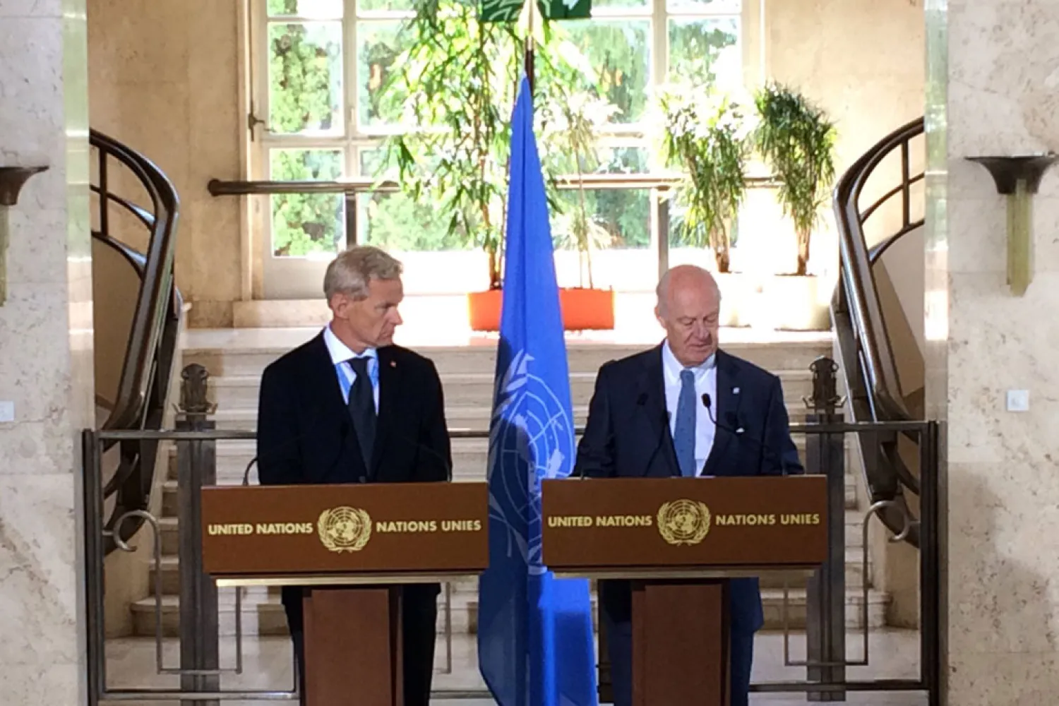 UN Special Envoy for Syria Staffan de Mistura (right), and his Senior Special Advisor Jan Egeland, brief the press in Geneva. UN Photo