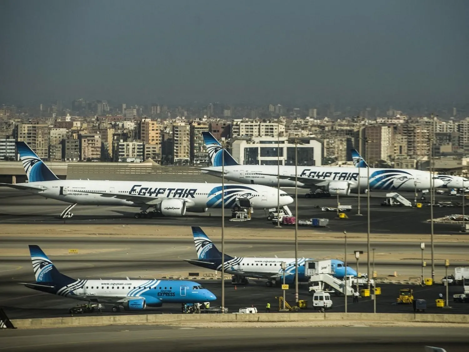 A picture taken on September 30, 2015 shows Egypt Air planes on the tarmac of Cairo Airport. (AFP)