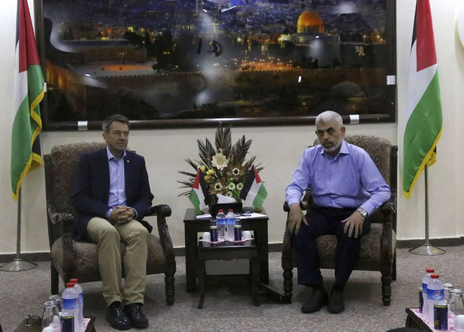 Peter Maurer, left, the president of the International Committee of the Red Cross (ICRC), and Yehya Sinwar, a top Hamas official, meet at Sinwar’s office in Gaza City, Tuesday, Sept. 5, 2017. (AP Photo/Adel Hana)
