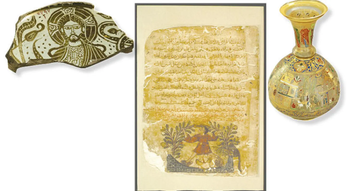 وعاء زجاجي منقوش  برسوم ذات طابع ديني - صفحة من مخطوط ديني - قطعة من جدارية كنسية