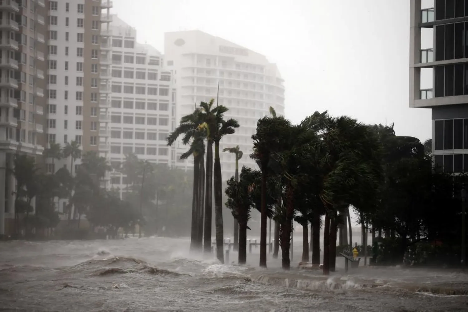 Water rises up to a sidewalk by the Miami river as Hurricane Irma arrives at south Florida, in downtown Miami, Florida, US, September 10, 2017. (Reuters)
