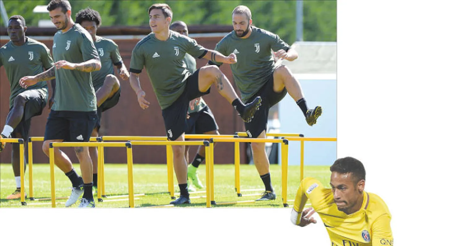 نيمار يخوض أول اختبار أوروبي بقميص سان جيرمان (أ.ف.ب) - لاعبو يوفنتوس خلال التدريبات أمس استعداداً لمواجهة برشلونة (رويترز)