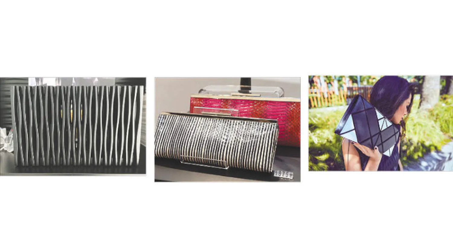 رولا بهنام تعرض حقيبة من تصميمها - من تصاميمها الأخيرة - حقيبة من مجموعتها تتخللها خطوط تسمح بدخول الضوء إليها