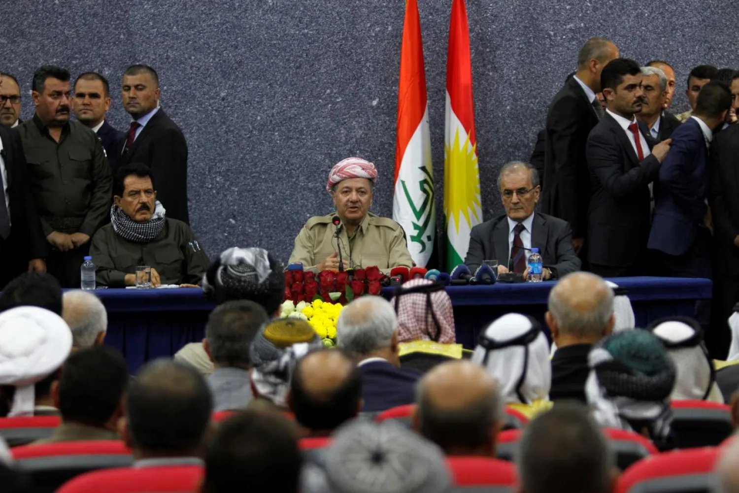 Iraqi Kurdish President Masoud Barzani sits with Kirkuk Governor Najmaldin Karim (R) during his visit in Kirkuk, Iraq September 12, 2017. REUTERS/Ako Rasheed