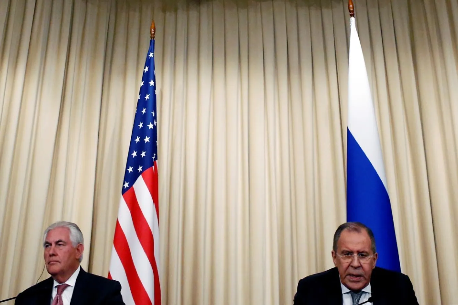 Russian Foreign Minister Sergei Lavrov and US Secretary of State Rex Tillerson attend a news conference on April 12, 2017. (Reuters)