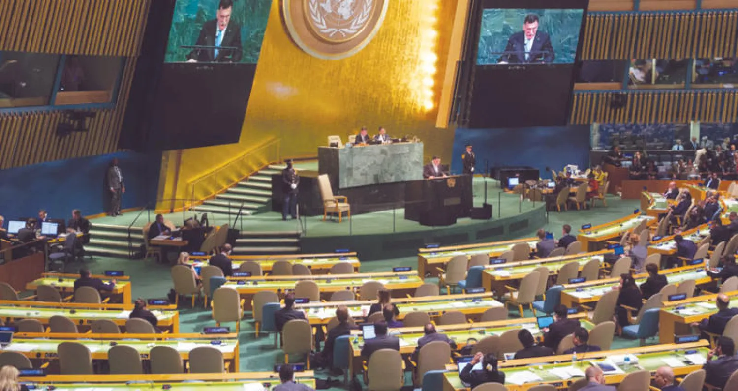 فائز السراج يخاطب الجمعية العامة للأمم المتحدة أول من أمس (أ.ف.ب)