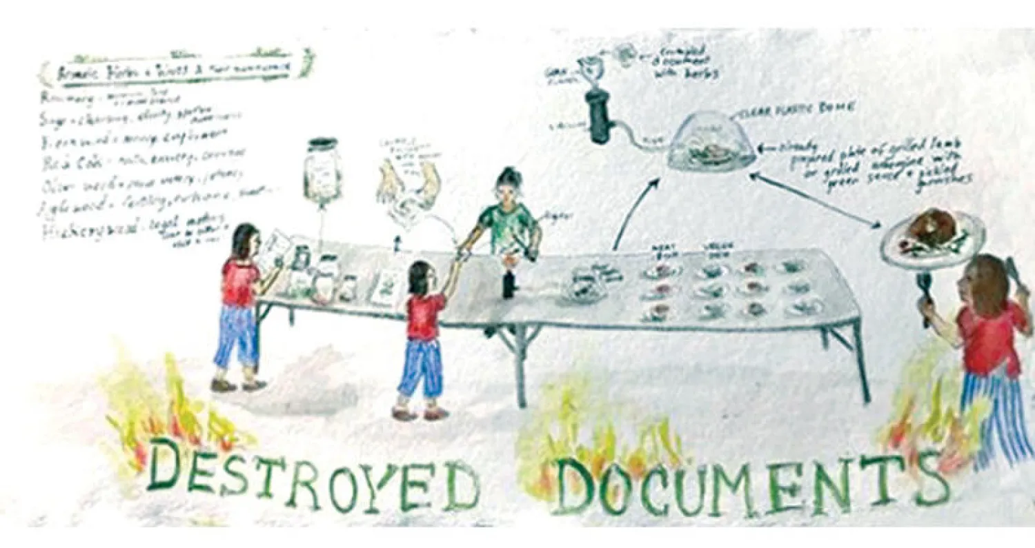 كانديس لين رسم تخطيطي لـ«وثائق هالكة» 2017 ألوان مائية وحبر على ورق