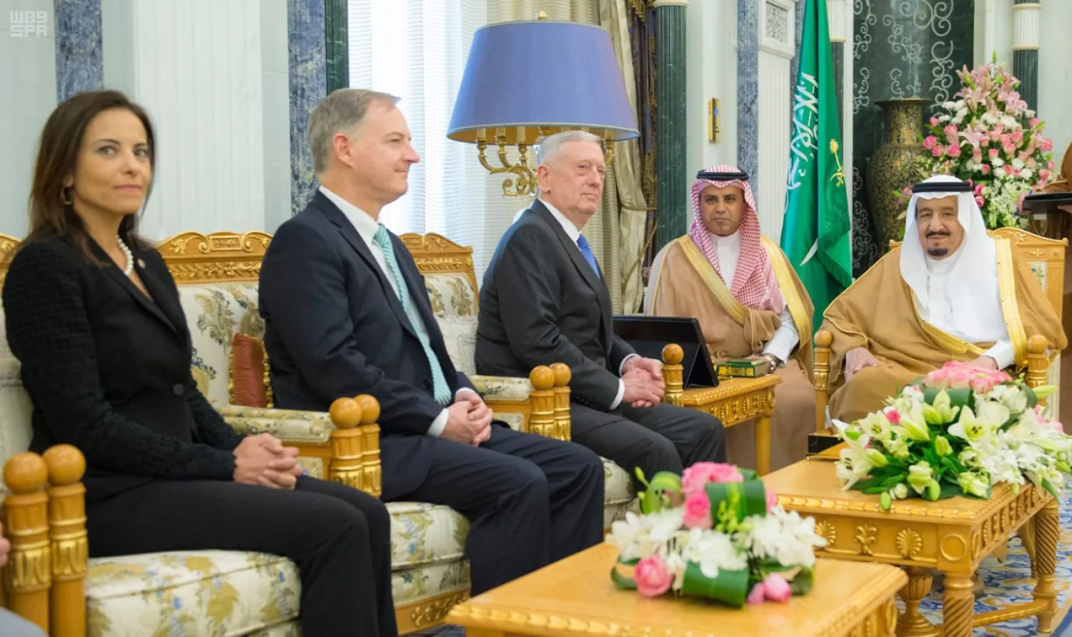 Saudi King Salman receives US Secretary of Defense James Mattis. Also appears in the picture Charge D’Affaires of the Embassy of the United States Christopher Henzel and Deputy National Security Advisor for Strategy Dina Powell. SPA file photo