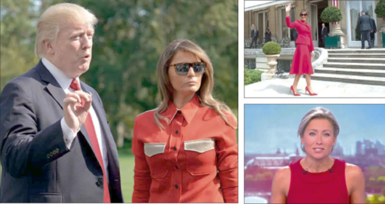 ميلانيا ترمب في باريس تموز الماضي - مذيعة القناة الفرنسية الثانية آن ماري لابيس بالأحمر - ربطة عنقه تنسجم مع قميصها