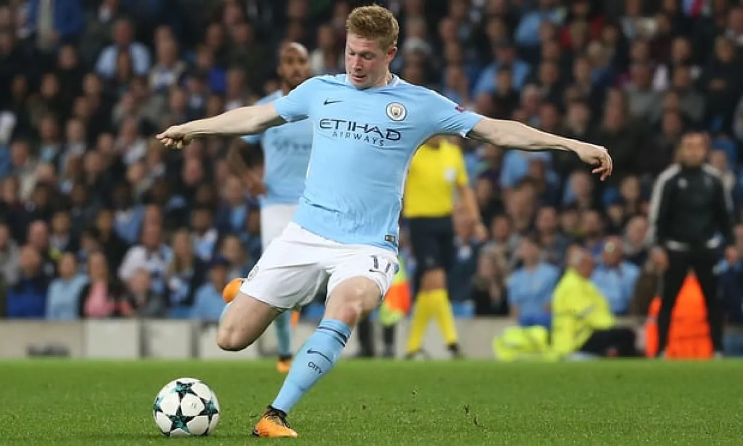  Kevin De Bruyne scores for Manchester City against Shakhtar Donetsk. Photograph: Tom Flathers/Manchester City FC via Getty Images
 