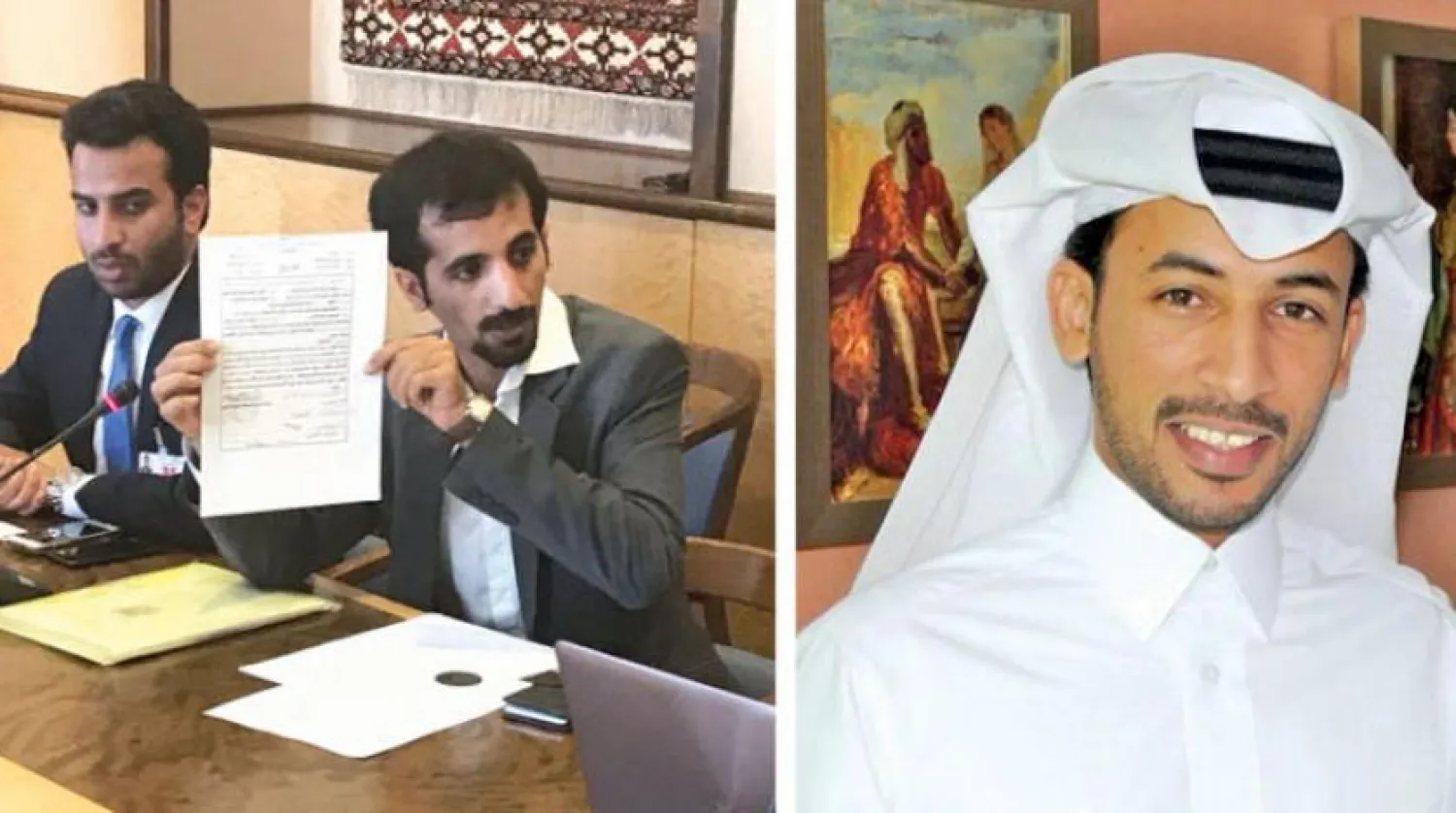 Poet Mohammed bin Fattis al-Marri (right) and Saleh al-Marri (left), whose nationalities had been revoked, during a human rights convention in Geneva. (Asharq Al-Awsat)