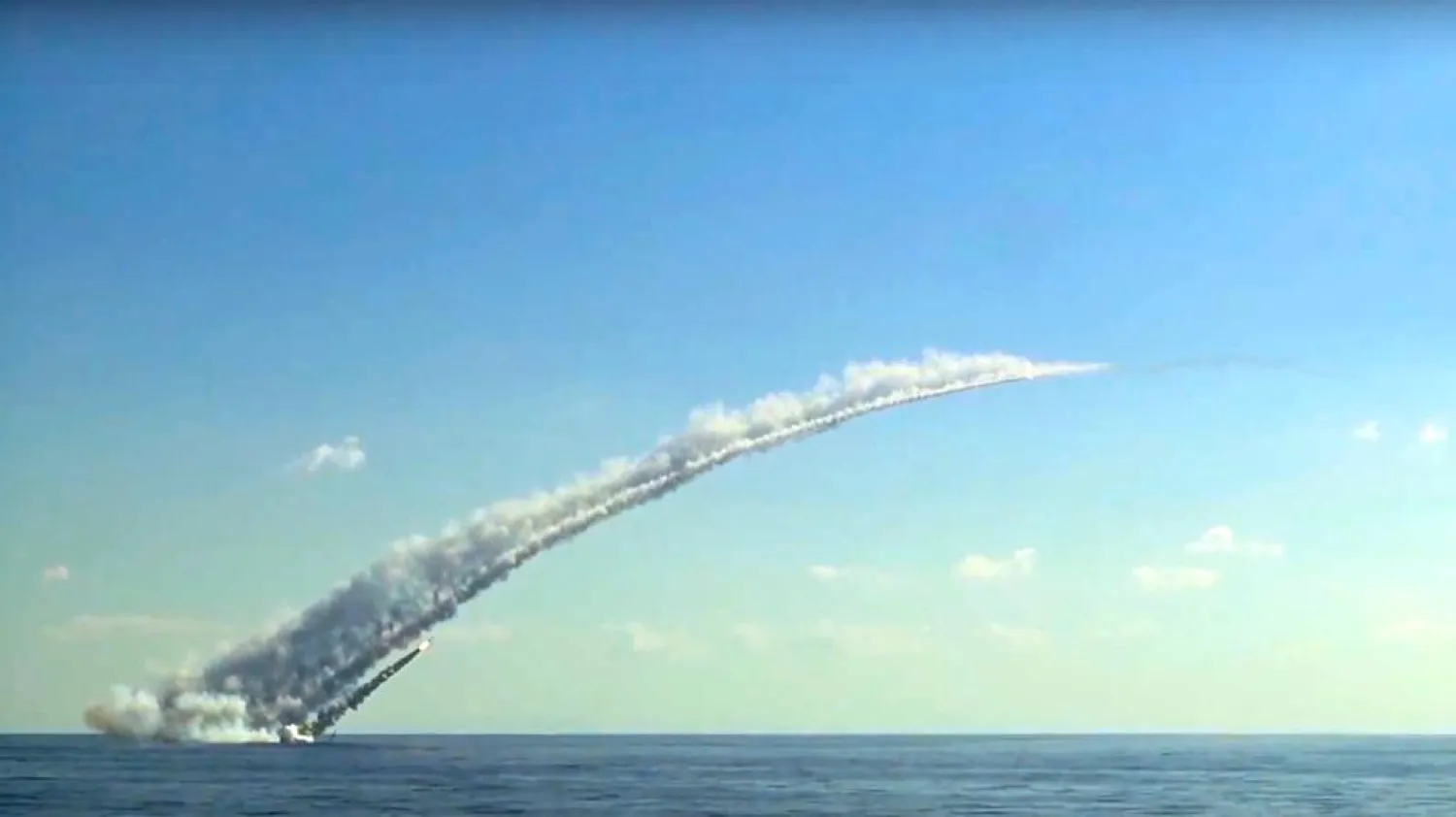  This frame grab provided on Thursday, October 5, 2017, by the Russian defense ministry press service, shows what they say is a long-range Kalibr cruise missile launched by the a Russian submarine in the Mediterranean. AP