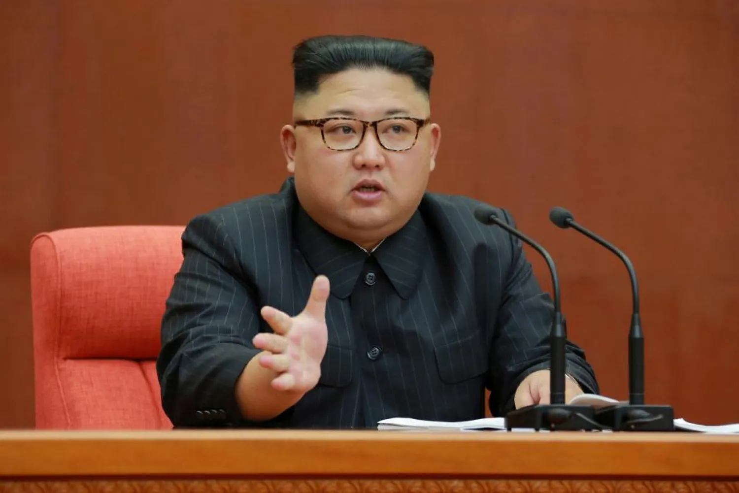 North Korean leader Kim Jong Un speaks during the Second Plenum of the 7th Central Committee of the Workers' Party of Korea at the Kumsusan Palace of the Sun in Pyongyang October 8, 2017. (Reuters)