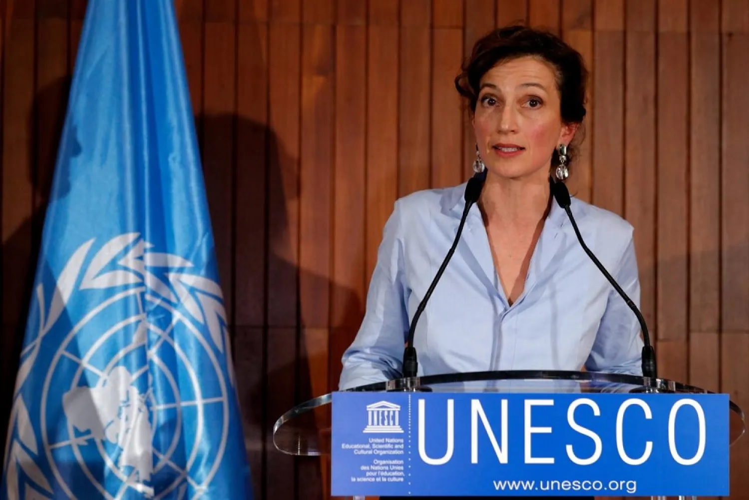 France's Audrey Azoulay, the newly-elected director general of UNESCO, speaks to the media at the organization’s headquarters in Paris, France. (Reuters)